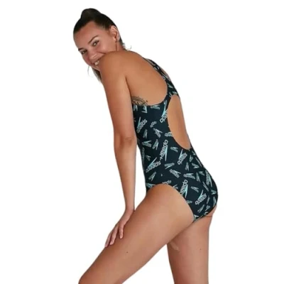 Abbildung von Speedo Boom Logo Allover Medalist Damen Badeanzug, Schwarz/Light Adriatic, 30 (DE 34)