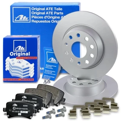 Abbildung von ATE Bremsenset Hinterachse inkl. Bremsscheiben hinten Ø 282 mm voll und Bremsbeläge Kompatibel mit AUDI A3, SEAT ALTEA, LEON, TOLEDO, SKODA OCTAVIA, SUPERB, YETI, VW EOS, GOLF, JETTA, TOURAN