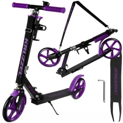 Abbildung von KRUZZEL Roller Kinder Klappbar ab 8 Jahren bis to 100 kg 200 mm Räder Höhenverstellbar Lenkrad 879298 cm Scooter Lila mit Fußbremse und Flaschenhalter Aluminiumrahmen 25630