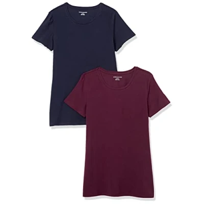 Abbildung von Amazon Essentials Damen Kurzärmeliges T Shirt mit Rundhalsausschnitt, Klassischer Schnitt, 2er Pack, Burgunderrot/Marineblau, XS