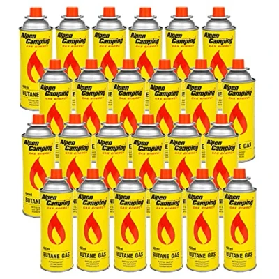 Abbildung von Alpen Camping Butan 24x400ml Gaskartuschen Gasflasche für Gaskocher Campingkocher Bunsenbrenner Lötbrenner 400ml (24)