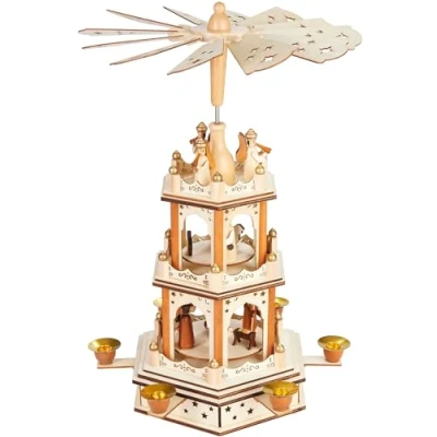 Abbildung von BRUBAKER Weihnachtspyramide 3 stöckige drehbare Holzpyramide Weihnachtsdekoration mit Etagen und Sternen Flügel aus Holz 45 cm Höhe handbemalte Figuren Weihnachten Natur Braun