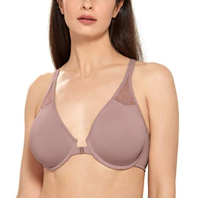 Abbildung von DELIMIRA Damen Vollschalen Vorderverschluss Seamless BH mit Bügel Ungepolster BHS Große Brüste Racerback Mochaccino 95B