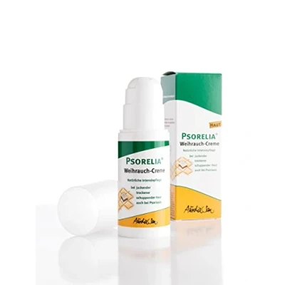 Abbildung von Weihrauch Creme Psorelia 100 ml zur täglichen Intensivpflege bei juckender, trockener oder schuppender Haut auch therapiebegleitend Psoriasis