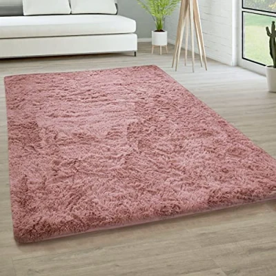 Abbildung von Paco Home Hochflor Teppich Wohnzimmer rutschfest Fellteppich Shaggy Flauschig Weich Modern Kunstfell Fell Imitat Einfarbig, Grösse:200x290 cm, Farbe:Dunkel Rosa