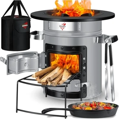 Abbildung von KESSER® Raketenofen mit Grillpfanne aus Gusseisen inkl. Grillzange &amp; Tragetasche Dutch Oven 6 integrierte Spikes BBQ Rakete Holzofen Camping Outdoor Campingkocher Campinggrill Edelstahl