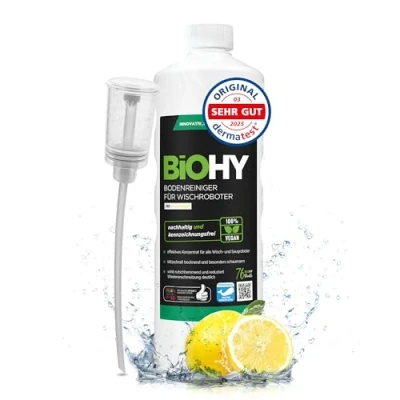 Abbildung von BiOHY Bodenreiniger Für Wischroboter (1l Flasche) + Dosierer Reinigungsmittel Konzentrat alle Wisch &amp; Saugroboter mit Nass Funktion Schaumarm Streifenfrei Böden