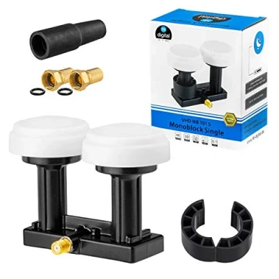 Abbildung von hb digital UHD Monoblock Single LNB LNC 1 Teilnehmer Direkt 2 Satelliten Astra 19,2 Hotbird 13 Full HD TV 3D Ultra 4K Schwarz Black + 2X F Stecker vergoldet 1x Gummitülle