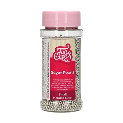 Abbildung von FunCakes Zuckerperlen Klein Metallic Silber: Kuchenstreusel, guter Geschmack, perfekt zum Dekorieren von Kuchen, essbare Zuckerperlen. 80 g.