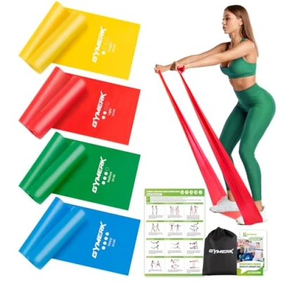 Abbildung von GYMERK Fitnessbänder Set 4er, 1.8M Fitnessband, 4 Widerstandsstufen mit Übungsposter, Gymnastikband Tragetasche &amp; Übungsanleitung, Ideal für Yoga, Pilates, Muskelaufbau, Physiotherapie