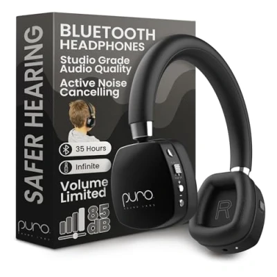 Abbildung von Puro Sound Labs PuroQuiet Plus Lautstärkebegrenzte On Ear Active Noise Cancelling Bluetooth Kopfhörer Leichte für Kinder mit eingebautem Mikrofon Sicherer (Schwarz)