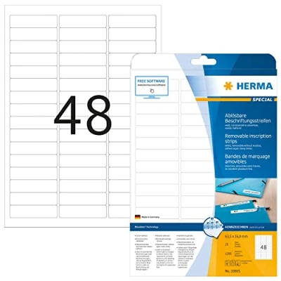 Abbildung von HERMA 10005 Beschriftungsstreifen ablösbar, 800 Blatt, 63,5 x 16,9 mm, 48 pro A4 Bogen, 38400 Stück, selbstklebend, bedruckbar, matt, blanko Papier Klebeetiketten Aufkleber, weiß