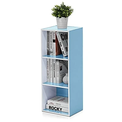 Abbildung von Furinno Luder 3 stufiges Bücherregal mit offenem Regal, Weiß/Hellblau