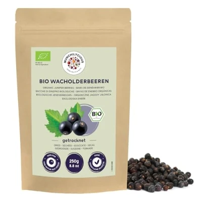 Abbildung von Wacholderbeeren ganz bio 250g von Munchilycious, getrocknete Wacholderbeeren, ganze getrocknet, Natus aus vegan, glutenfrei
