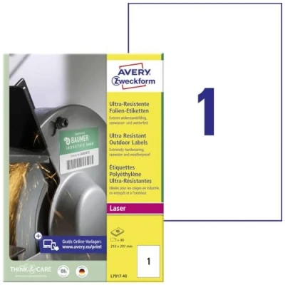 Abbildung von AVERY Zweckform L7917 40 Strapazierfähige Folienetiketten (40 Aufkleber, 210x297mm auf A4, extrem stark selbstklebend, für schwierige Oberflächen, bedruckbare Outdoor Klebefolie) Blatt, weiß