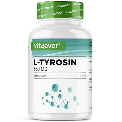 Abbildung von L Tyrosin 365 vegane Kapseln Extra Hochdosiert mit 1300 mg pro Tagesportion Reine Aminosäure aus pflanzlicher Fermentation Laborgeprüft Vegan