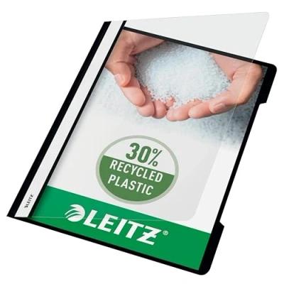 Abbildung von Leitz A4 Standard Schnellhefter, 25er Pack, 30% Pre Consumer Recycling Kunststoff, Hefter für Blätter, 60 Blatt Kapazität, Ideal als Dokumententasche Schule oder Büro, Schwarz, 41910095