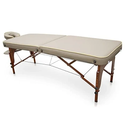 Abbildung von QUIRUMED Massageliege für SPA, tragbar, Holz, beige Farbe, lackiertes Kunstleder, hochdichte Polsterung, höhenverstellbar, klappbar, Abnehmbarer Kopf, bis zu 210 kg