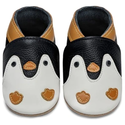 Abbildung von IceUnicorn Krabbelschuhe Baby Lauflernschuhe Jungen Weiche Leder Babyschuhe Kleinkind Lederschuhe mädchen Babyhausschuhe(Schwarzer Pinguin,12 18)