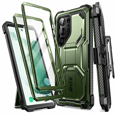 Abbildung von i Blason Armorbox Schutzhülle für Samsung Galaxy S23 Ultra 5G (Version 2023), [Extra Frontrahmen] Ganzkörper robuster Kickstand Holster mit integriertem Displayschutz (Guldan)