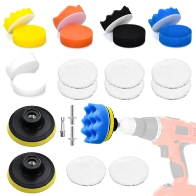 Abbildung von 3 Zoll Polierschwämme Auto, 23 TLG Polierpads Klett, Polieraufsatz Akkuschrauber, Politur Schwamm Set mit 2 M10 Adapter Bohren für Exzenter Poliermaschine Schleifmaschine