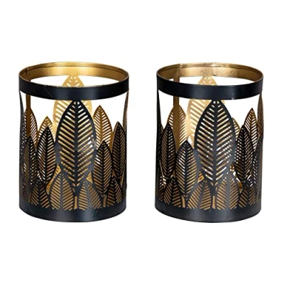 Abbildung von 2er Set Windlicht 10x13cm Schwarz Gold Metall Teelichthalter Blattdekor Blumendekor Tischdeko Industrial Kerzenhalter