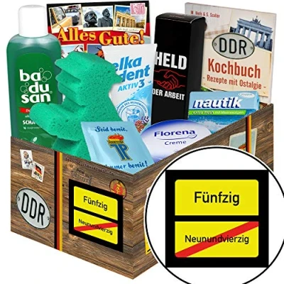 Abbildung von Ortsschild 50 Geschenkpaket Pflege DDR Geschenke zum 50. Geburtstag