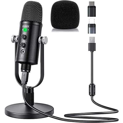 Abbildung von Aveek USB Mikrofon für PC und Telefon, Kondensator Mikrofone mit Stabiler Ständer Lärmminderung Computer Laptop Podcast, Studio, Streaming, Broadcast, YouTube