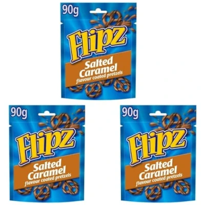 Abbildung von 3er Probierpaket Flipz Pretzels 3 mal Flavor Coated 3x90g Packung im Leckeren Geschmack: Salted Caramel (Salted Caramel)