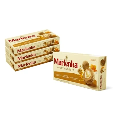 Abbildung von Marlenka Honigkugeln 3 + 1 Pack klassisch Honey Nuggets Gebäckkugeln mit Honig 4 x 10 Bälle 235g Süßigkeiten Großpackungen Süssigkeiten schmecken ähnlich wie Kuchen