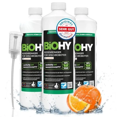 Abbildung von BiOHY Bodenreiniger für alle Wischroboter mit Orangenduft (3 x 1 Liter) + Dosierer Schaumarm &amp; Streifenfrei Reinigungsmittel Konzentrat Böden