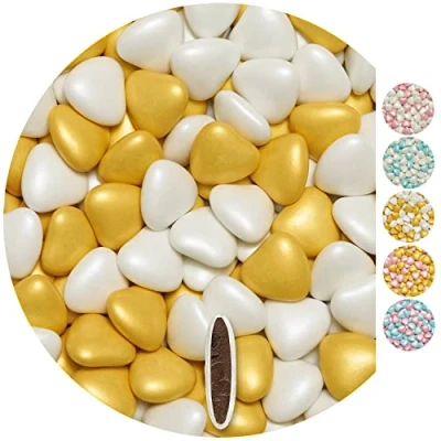 Abbildung von EinsSein 1kg Schokoherzen Pearl Mix weiß gold Herz Schokodragees Gastgeschenke Hochzeit Süssigkeiten Taufe Candybar Hochzeitsmandeln Taufmandeln Herzdragees