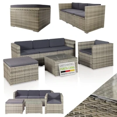 Abbildung von Juskys Gartenlounge Set Punta Cana, (Set, Sitzgruppe), 1 Tisch, Ecksofa, Sessel und Hocker