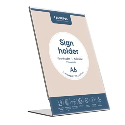 Abbildung von EUROPEL Tischaufsteller Acryl, L Form DIN A6 Hochformat, Menükartenhalter, Schilderhalter, Werbeaufsteller