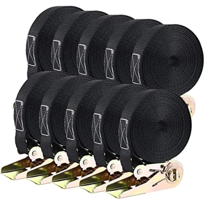 Abbildung von 10 Stück Spanngurte mit Ratsche, 6m Lange 25mm Ratschengurte, Robust Zurrgurte Set, Belastung 800 kg, für Ladungssicherung (Schwarz)