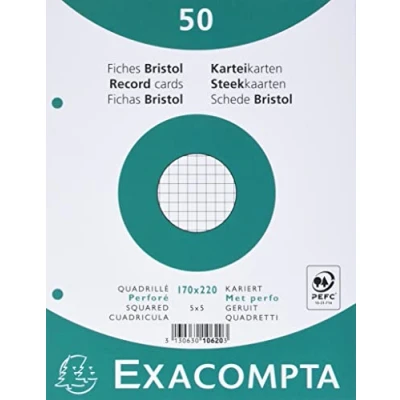 Abbildung von Exacompta Bristol Karteikarten, kariert, 100 Stück Quadriert und gelocht 170 x 220 mm weiß