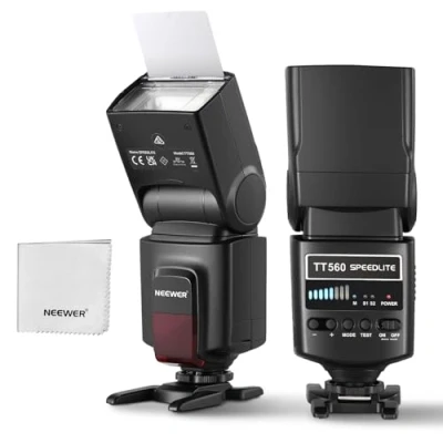 Abbildung von NEEWER TT560 Flash Speedlite Kompatibel mit Canon Sony Nikon Panasonic Olympus Pentax und anderen DSLR, Studiolicht Digital Camera Speedlight Standard Hot Shoe, Mini Stand, Reinigungstuch &amp; Tasche