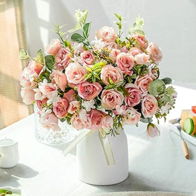 Abbildung von LESING künstliche Seidenrose mit Vase, Blumen, Hochzeitsblumen, Blumensträuße, Arrangement, Zuhause, Büro, Party, Tischdekoration (Rosa)
