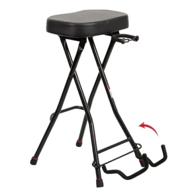 Abbildung von Gator Frameworks Faltbarer Gitarrenhocker mit gepolstertem Sitz und rückseitig montiertem Gitarrenbügel; (GFW GTRSTOOL)