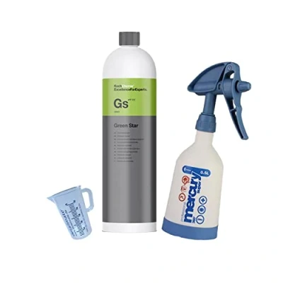 Abbildung von detailmate Reinigungs Set aus Koch Chemie Green Star Universalreiniger 1L Messbecher 50 ml und Mercury Super PRO+ 360 Grad VITON blau Sprühflasche 0,5 Liter