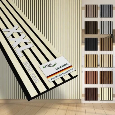 Abbildung von HEXIM Lamellen Grande 280cm Akustikpanelee XXL Wandpaneele 21mm Schalldämmung Echtholzfurnier Akustikfilz Lamellenwand Hellbraun (4 Paneele / 3,374m² Light Ash)