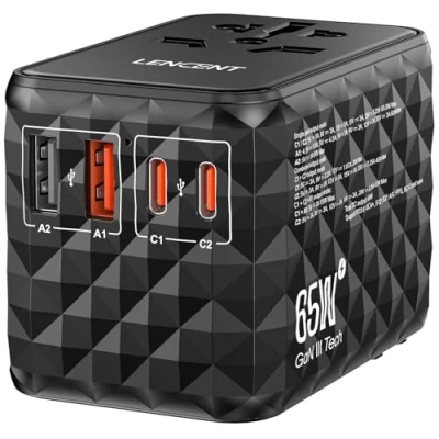 Abbildung von LENCENT 65W Universal Reiseadapter, Steckdosenadapter mit 2 USB A &amp; C Steckern, schnelles Aufladen für iPhone, Handy, Laptops, internationaler Reisestecker UK,EU,AU,US Steckdosen, Schwarz