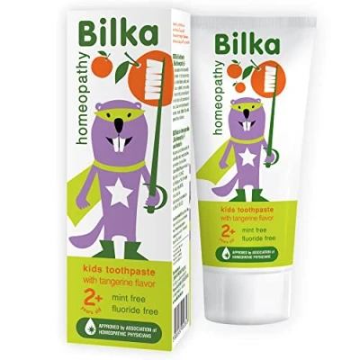 Abbildung von Kinder Bilka Homeopathy Zahnpasta 2+ Jahre, Zahncreme von Milchzähnen mit Xylitol, Mandarine Geschmack, Fluorid frei, Menthol Zucker 50ml