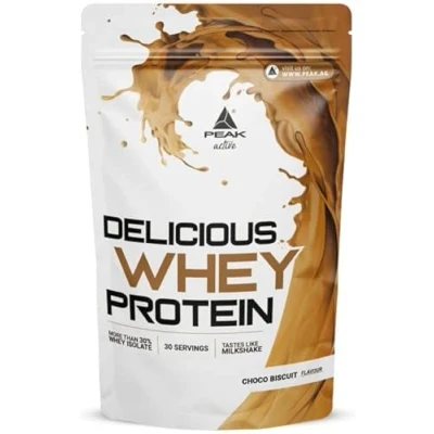 Abbildung von PEAK Delicious Whey Protein 900g Geschmack Choco Biscuit I 30 Portionen Pulver Proteinquelle: Molkenprotein Konzentrat + Isolat ohne Zuckerzusatz mit Verdauungsenzym Laktase