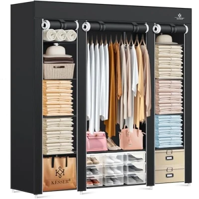 Abbildung von KESSER Kleiderschrank Stoffschrank Stabil mit Kleiderstange &amp; Ablagen, Inkl. 5x Kleiderbügel