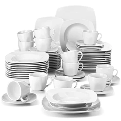 Abbildung von MALACASA, Serie Julia, Geschirrset 12 Personen, 60 Teilig Porzellan Geschirr Set,Kombiservice Tafelservice mit Speiseteller, Dessertteller, Suppenteller, Kaffeetassen, Untertassen je Stück