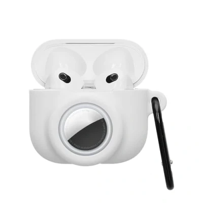 Abbildung von kwmobile 2 in1 Hülle kompatibel mit Apple AirPods 3 und AirTag Kopfhörer Case Weiches Silikon Cover Schutzhülle Karabiner Weiß