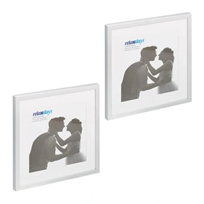 Abbildung von Relaxdays Bilderrahmen 2er Set, 38,5x38,5 cm, quadratisch, Fotorahmen, Aufhängen oder Hinstellen, Passepartout, silber