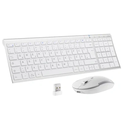 Abbildung von 2.4G Maus Set kabellos, iClever Aluminium Wireless Slim Tastatur QWERTZ Layout (Deutsch), für Computer/Desktop/PC/Laptop/Oberfläsche/Smart TV und Windows 10/8/7/Vista/XP (2.4GHz, USB)