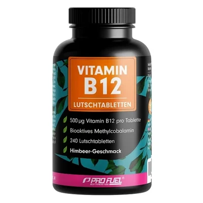 Abbildung von Vitamin B12 Lutschtabletten 240x HIMBEERE, 500µg pro Tablette aus Methylcobalamin, Adenosylcobalamin &amp; Hydroxocobalamin, leckerer Geschmack, optimal hochdosiert, ohne Zuckerzusatz, 100% vegan